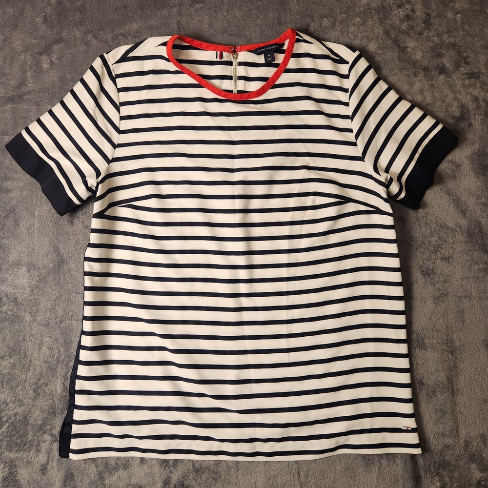 Tommy Hilfiger Womens Striped Short Sleeve Blouse Navy White Red 76J2311 M